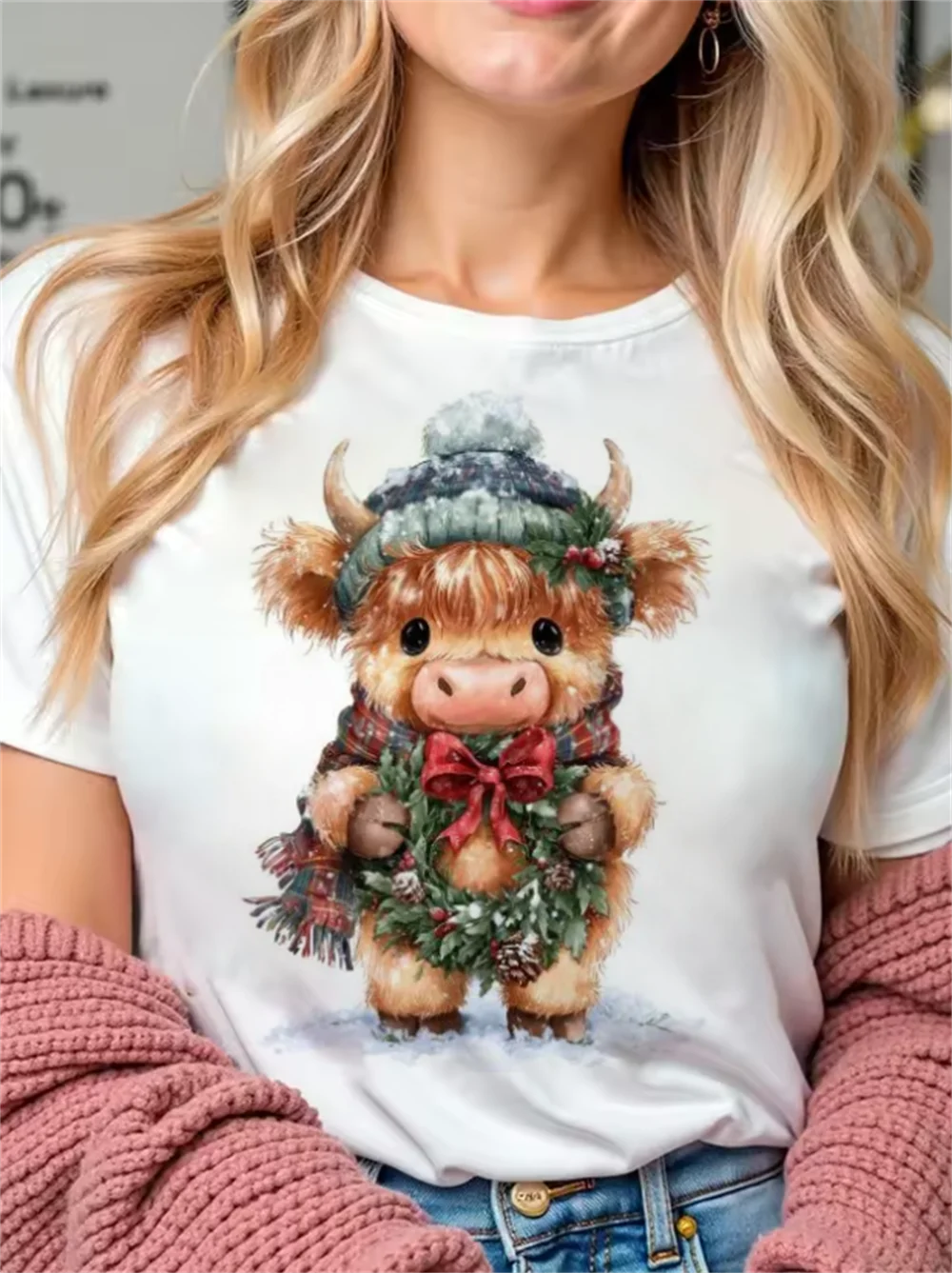 Highland Cattle Print Pattern Cute T-Shirt Short Sleeved Christmas Casual Style Printed Women's Cartoon O-Neck White Top T-Shirt