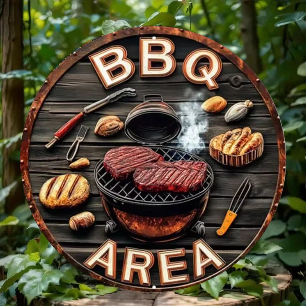 Vintage-inspiriertes rundes Grillbereich-Metallschild mit Grillmotiv, Outdoor-Dekor mit Steak-Werkzeugen, Bildgebung, Retro-Bar, Café, Terrassenzubehör
