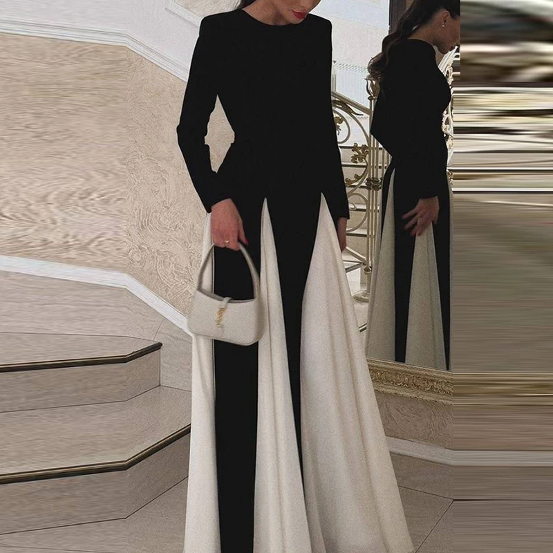Elegant Color Blocked Pleated Robe Dress Fashion Women\'s O Neck Long Sleeved Party Dress 2024 Fall Casual High Waist Maxi Dress