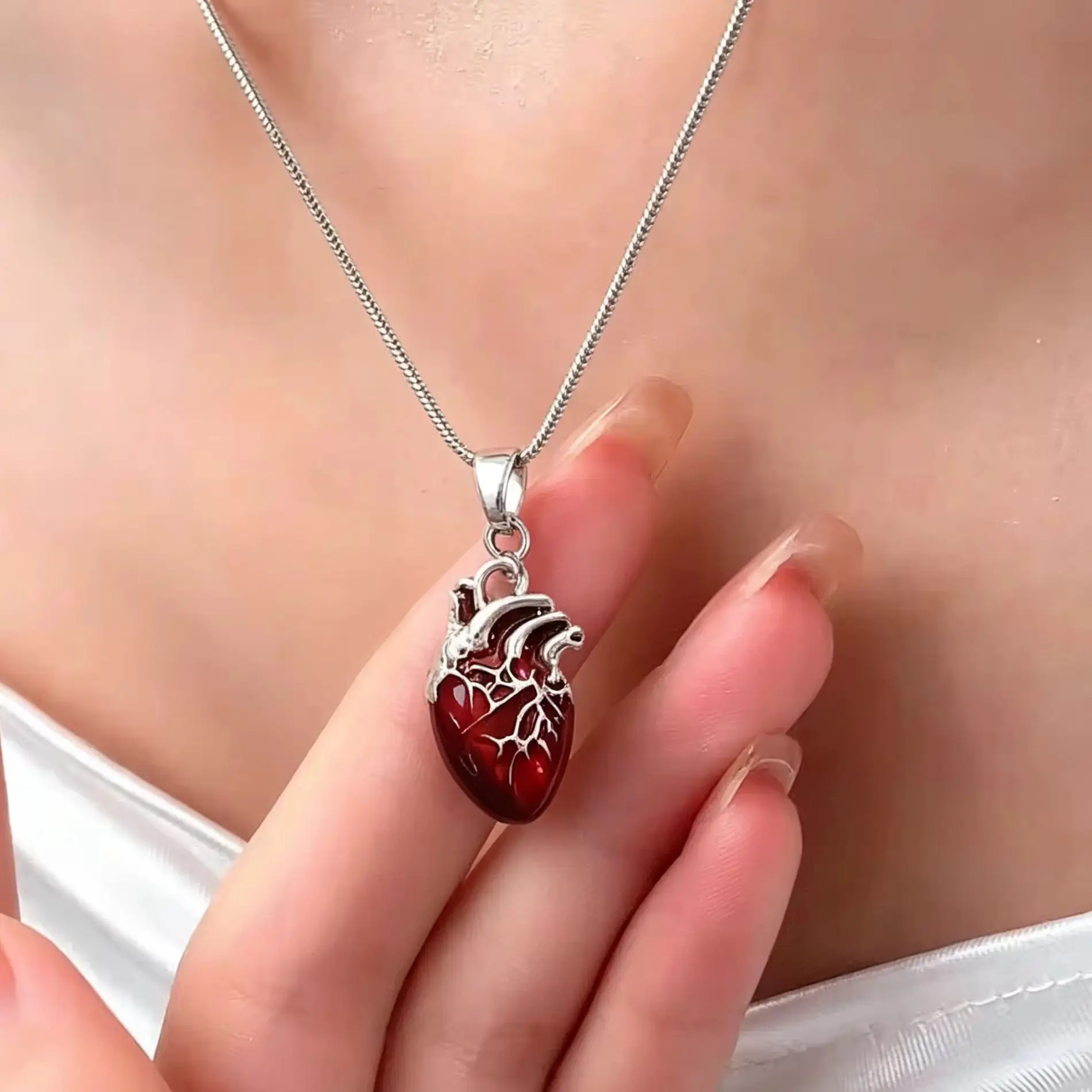 Gothic Anatomical Heart Necklace Silver Tone Bloody Red Heart Pendant Y2K Grunge Jewelry Gift for Men and Women