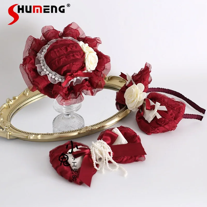 

Новый аксессуар для волос KC Apparel: повязка на голову в стиле Y2K с кружевом цвета винного красного, жемчугом и бантом, для женщин и девушек