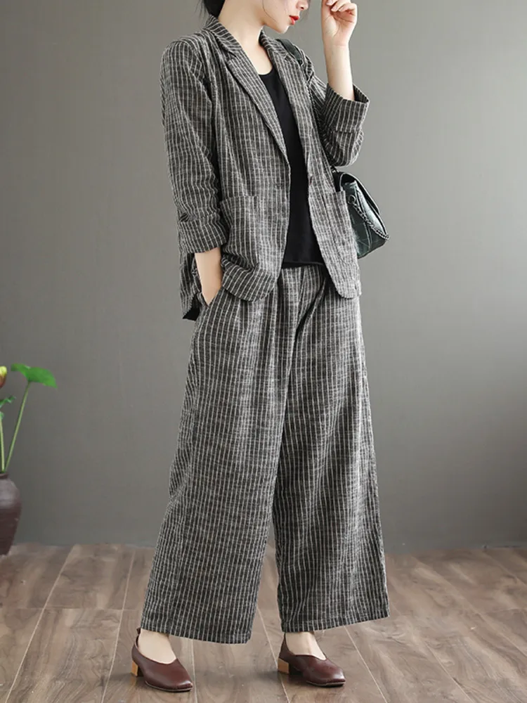 [LANMREM] Striped Vintage 2 Piece Set Women Notched Single Button Long Sleeve Blazer High Waist Wide Leg Pants 2023 Spring New