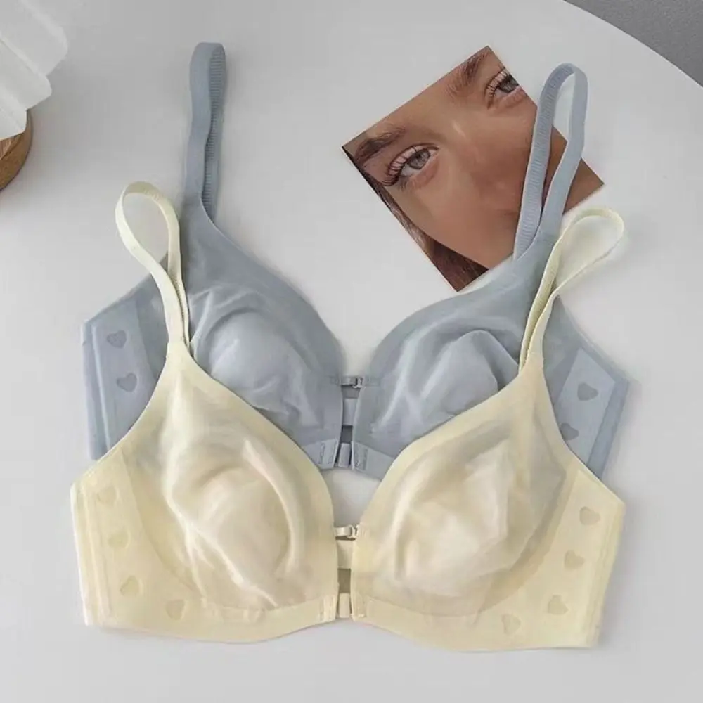 

Sweet Front Button Wireless Deep V Bra Ice Silk Shockproof Women Seamless Underwear Mesh Thin Anti-sagging Push Up Bra Girls
