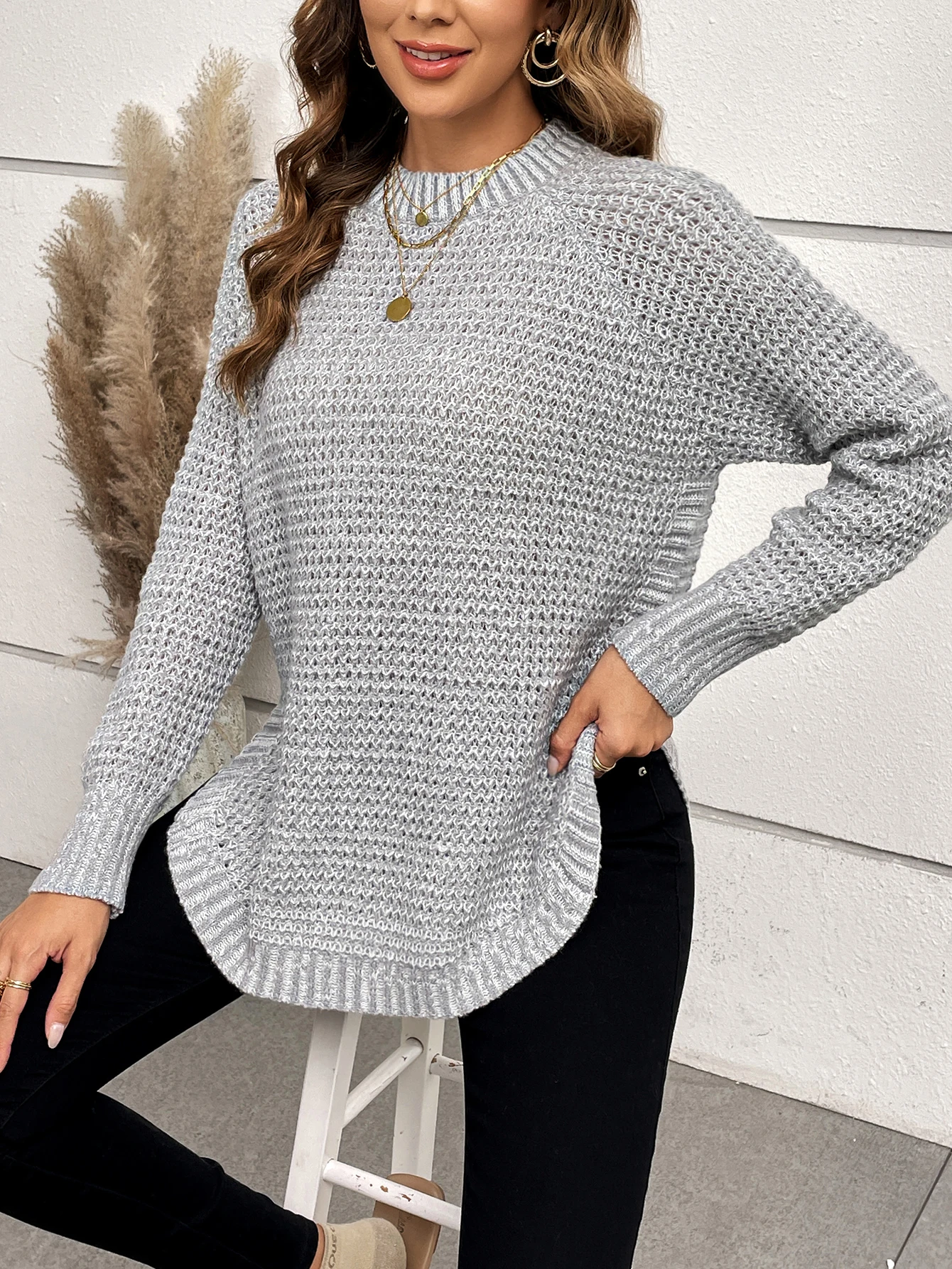 Pullover Sweater For Women Jumper Tops Solid Raglan Sleeve Curved Hem Sweater Round Neck