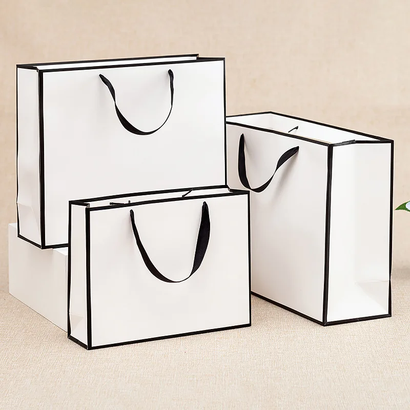 Black & White Gift Bags with Handles, Portable Paper Tote Bags for Presents Wrapping, Boutique Retail Gift Packaging Bags