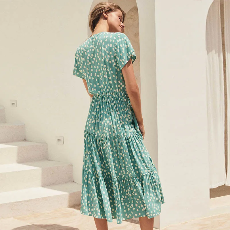 2023 春夏 Vネックボタン花柄プリント カジュアル ホリデー ドレス レディース ハイウエスト ニット フェアリースカート