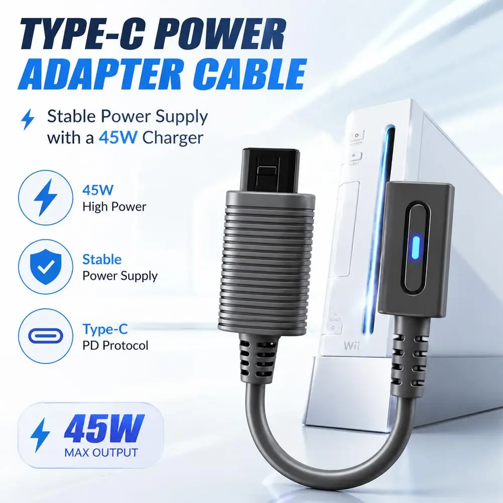 Cable de Carga USB C para WII, Adaptador de Cargador de 12CM, 45W PD Tipo C, Cable de Alimentación para Nintendo Wii