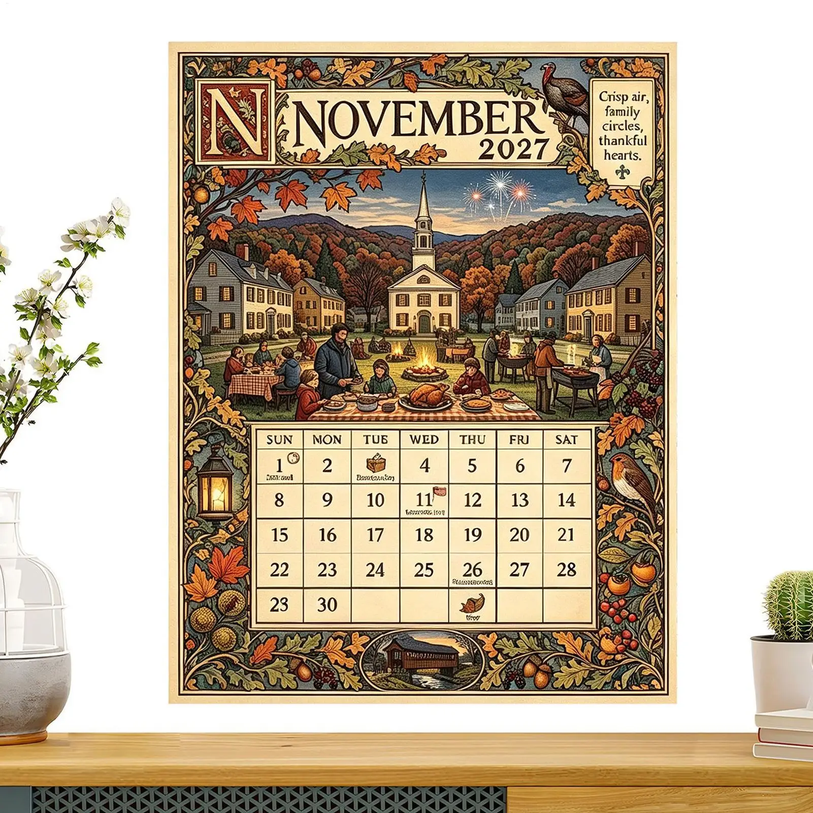 2027 American Style Calendar 12 Month Country Life Theme Large Grid Planner Retro Picture Book Style Wall Calendar For Home