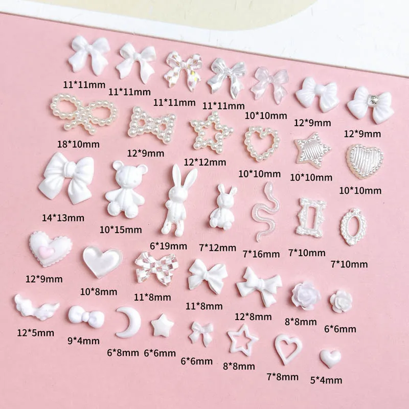 50PCS Mixed Design White 3D Nail Art Charms Bow Love Heart Stars Pearl Accessories Parts For Nails Decoration Manicure Supplies