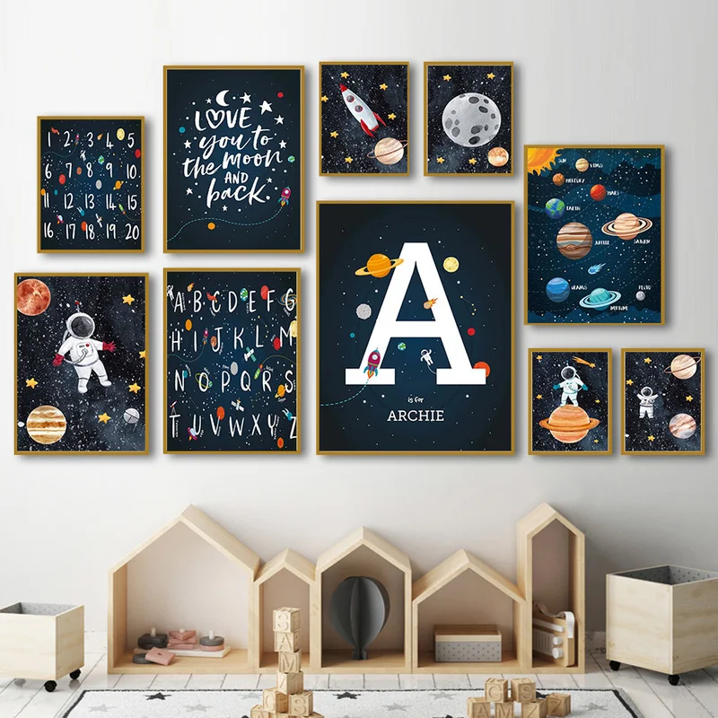Abstract Number Alphabet Rocket Planet Astronaut Canvas Painting Nordic Prints and Poster Wall Art Picture for Living Room Decor