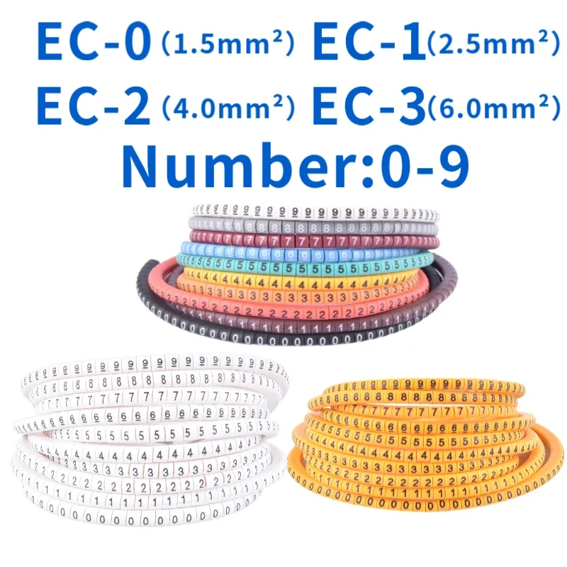 EC-0/1/2/3 Cable Markers 500Pcs 0-9 Colored Number Tubes Wire Labels for 1.5/2.5/4.0/6.0mm² Cables