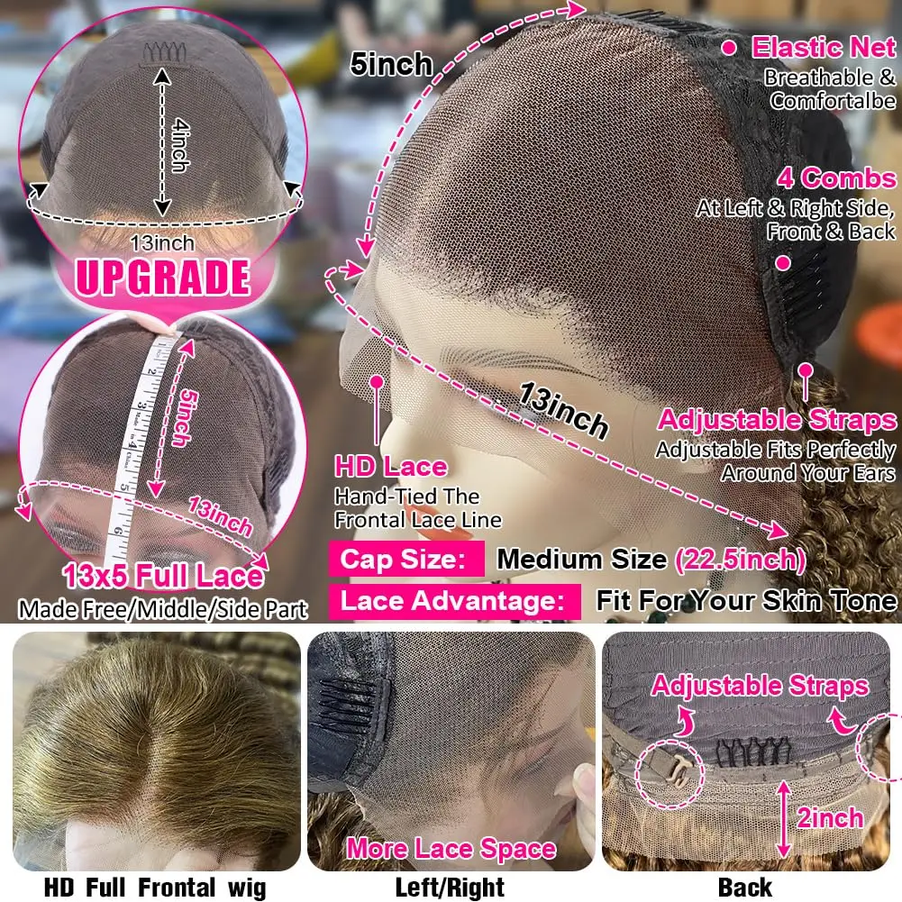 Peruka z ludzkich włosów z kręconymi pasemkami, peruka typu 13x6 HD Lace Front, ombre miodowy blond, peruka typu deep wave frontal, brazylijskie włosy dla kobiet