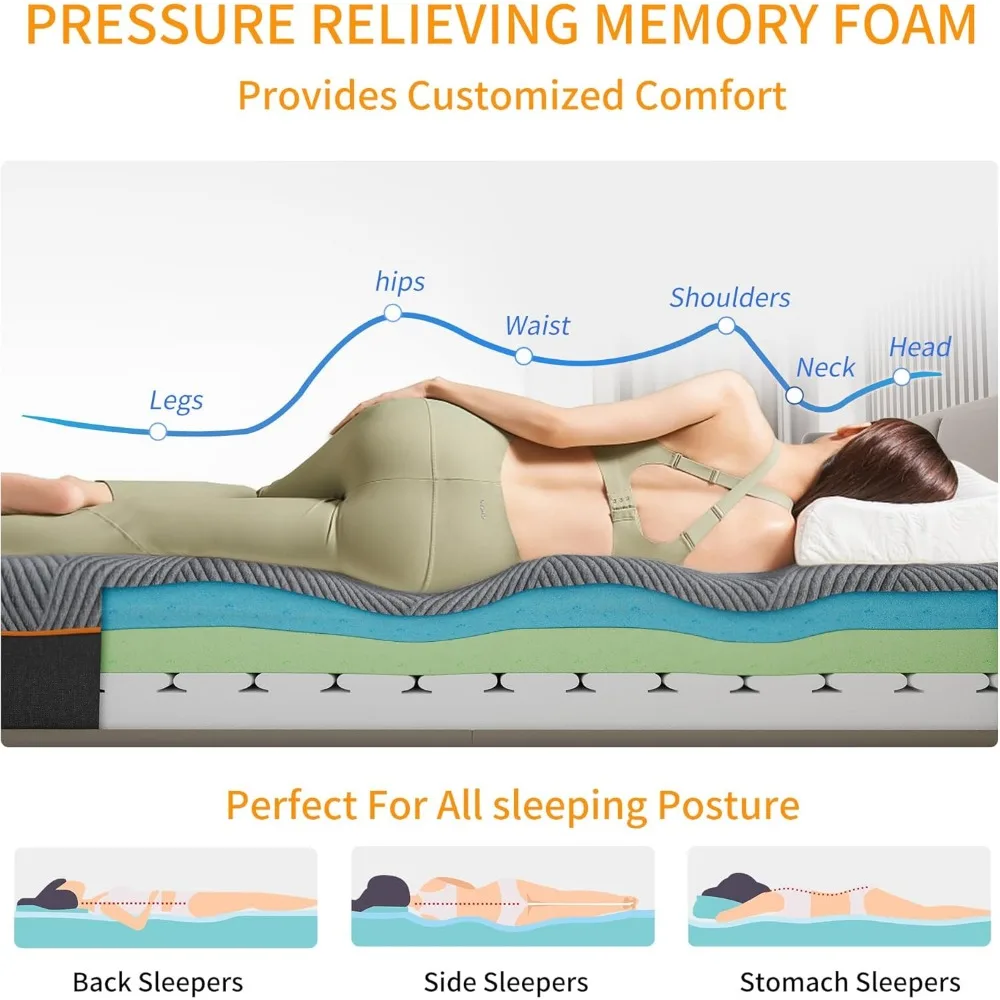 Colchão de espuma viscoelástica de 14 polegadas, dor nas costas em espuma viscoelástica em gel e alívio de pressão, colchão confortável para caixa de dormir