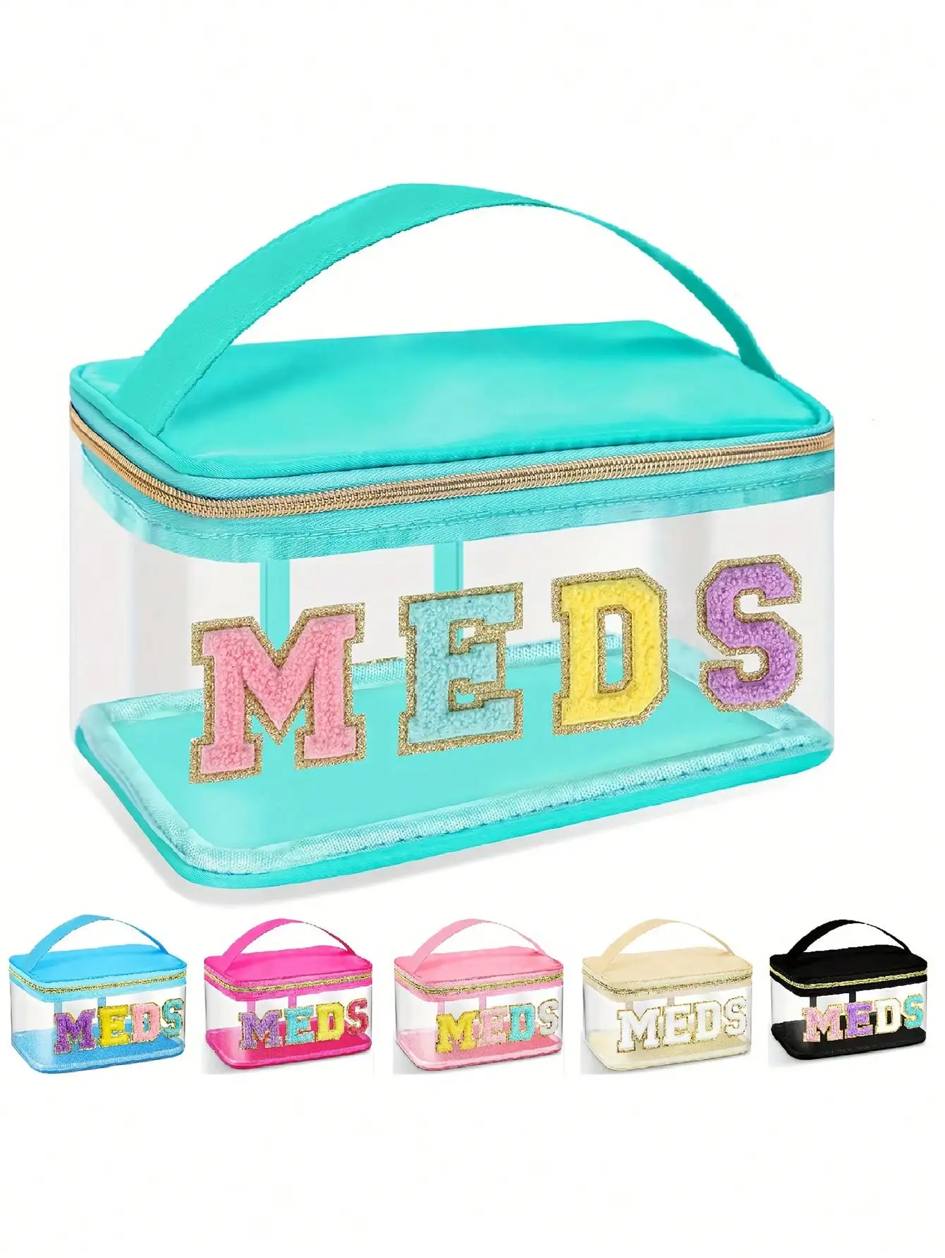 

Прозрачная косметичка из ПВХ с надписью «MEDS» из синели, бирюзовой отделкой, на молнии, портативный дорожный органайзер