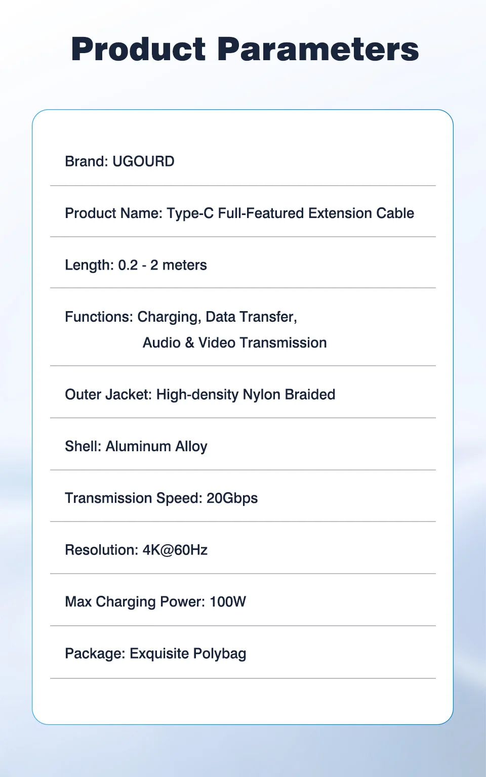 UGOURD Typ-C Verlängerungskabel 20Gbps USB3.2 Gen2 PD100W Schnellladung Vollfunktions-USB-C-Stecker auf -Buchse Geflochtenes Daten- und Videokabel – Detail 10