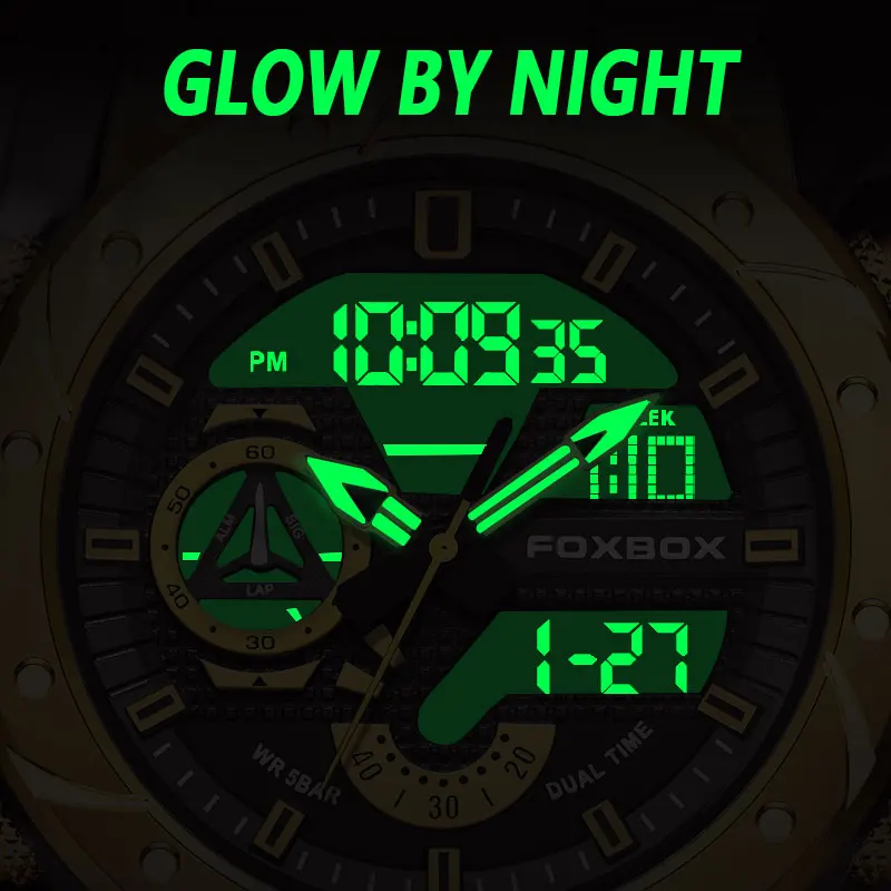 FOXBOX Merk Sport Horloges 50M Wateproof Dual Time Display Horloges LED Stopwatches Alarm Multifunctionele heren Horloges
