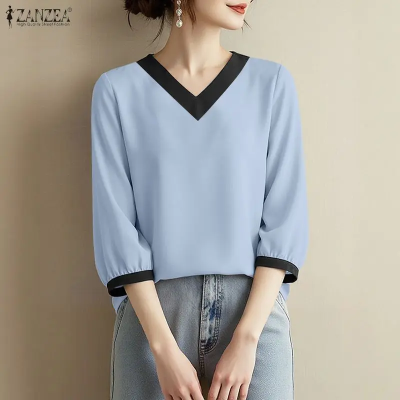 

2026 ZANZEA Elegant Short Sleeve Work Shirt Women Summer Patchwork Blouse Casual V Neck Holiday Tops Female Tunic Mujer Oversize