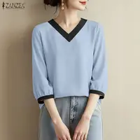 ZANZEA 2026 - Blusa Elegante de Manga Corta para Mujer, Estilo Casual con Parches, Cuello en V, para Verano, Vacaciones, Túnica Oversize