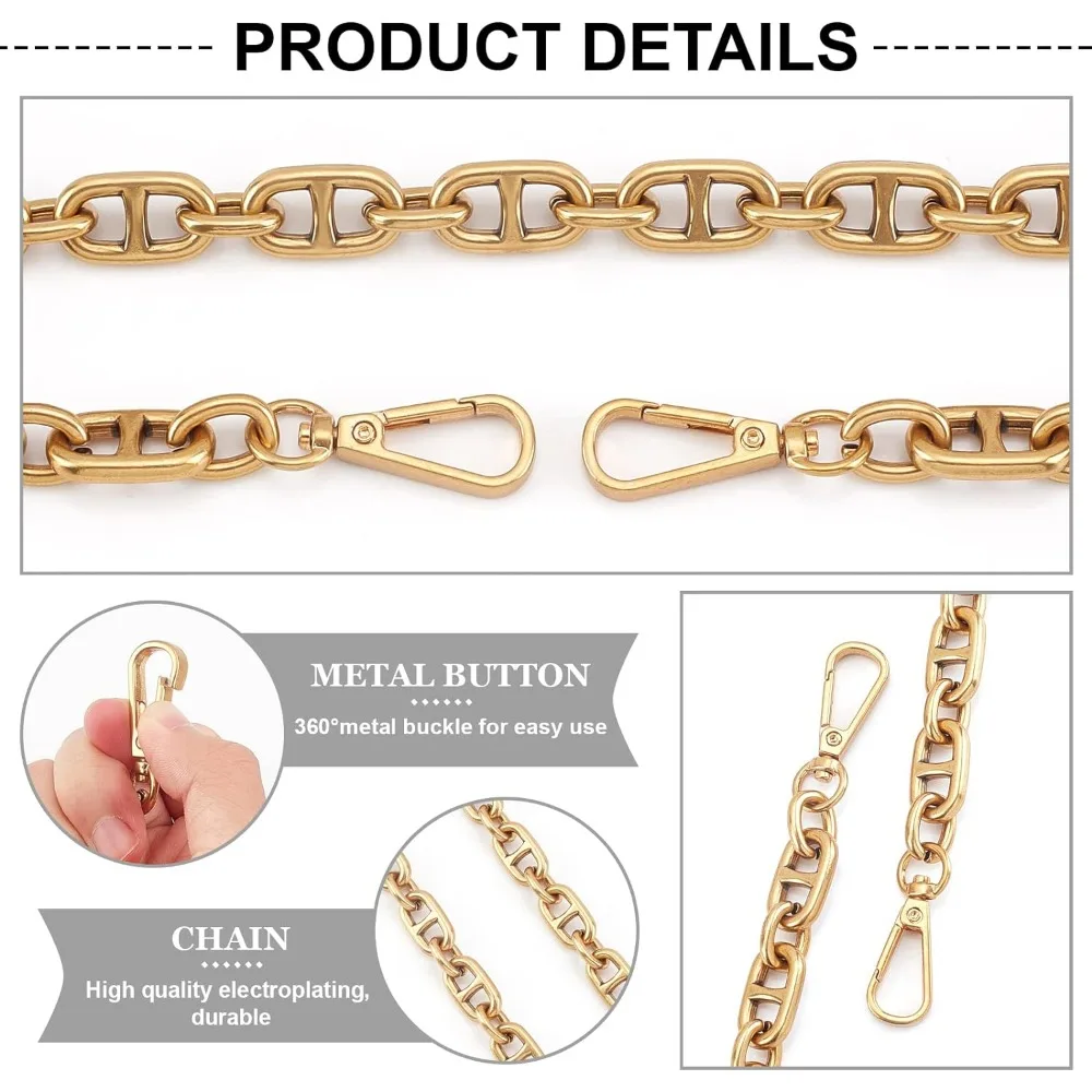 22.2” Vintage Handbag Chain Straps Golden Purse Strap Chunky Metal Chains Flat Chain Strap with Alloy Swivel Clasps for Handbag