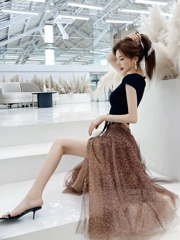 Summer New Leopard Mesh Half Skirt Multi Layered Irregular Mid Length High Waist Split Two Piece Set Trendy