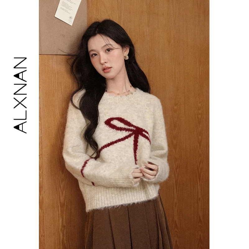 

ALXNAN Apricot Sweater 2025 Autumn Winter Long Sleeve Wool Sweaters Elegant Casual Loose-fit Bow Pattern Pullover Female L57306