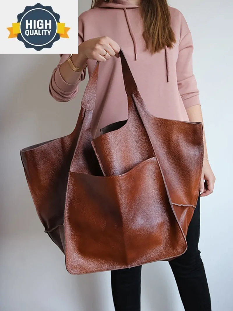 

Leather Women PU Handbags Fashion Simple Large Capacity Lady Soft Tote Bags Retro Female New Solid Color Shopper Shoulder Bag