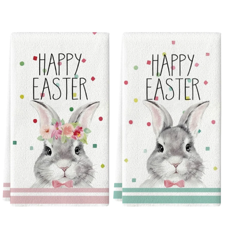 2Pcs, Easter Polka Dot Wreath Bunny Kitchen Towel, 40Cm*60Cm Towel Set, Super Absorbent Soft Cleaning Cloth, Cooking and Baking Tea Towel, Hand Towel, Cleaning Cloth, Dishwashing Cloth, Kitchen Decoration, Living Room Decorations, Kitchen Essentials, Home Essentials
