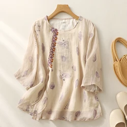 New 2024 Summer Fashion Print Embroidery Chic Loose Casual Beach Holiday Blouse Shirts Women Vintage Office Ladies Cute Tops