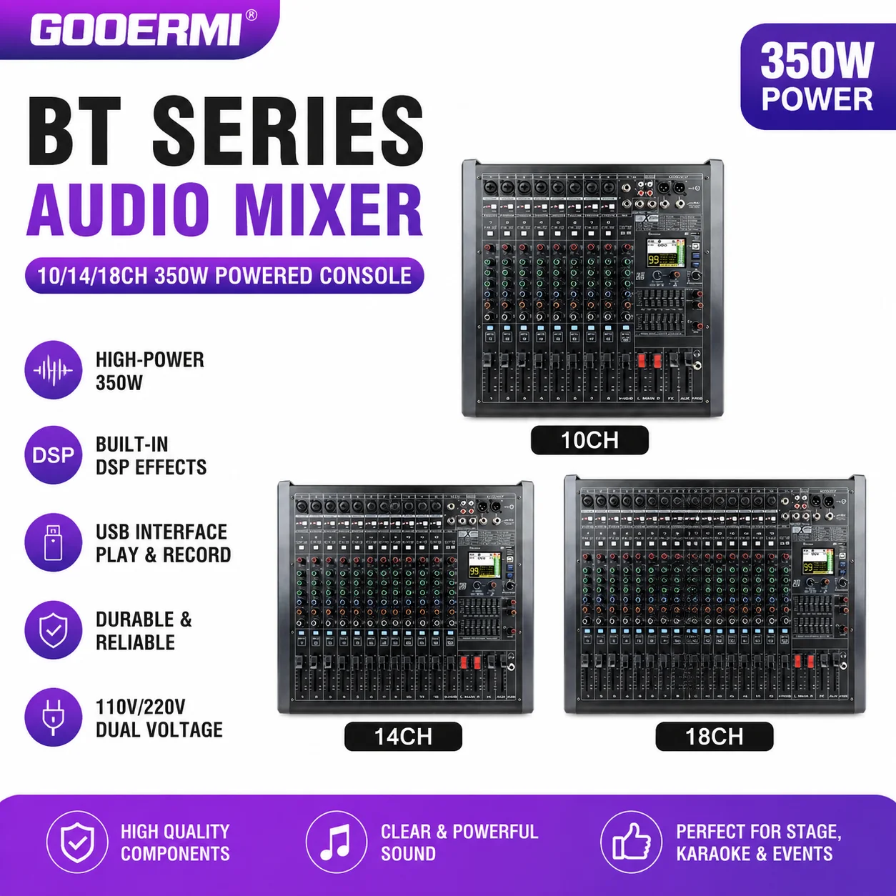 GOOERMI BT Series Audio Mixer 10/14/18CH 350W Powered Console with USB & DSP Effects (110V/220V)