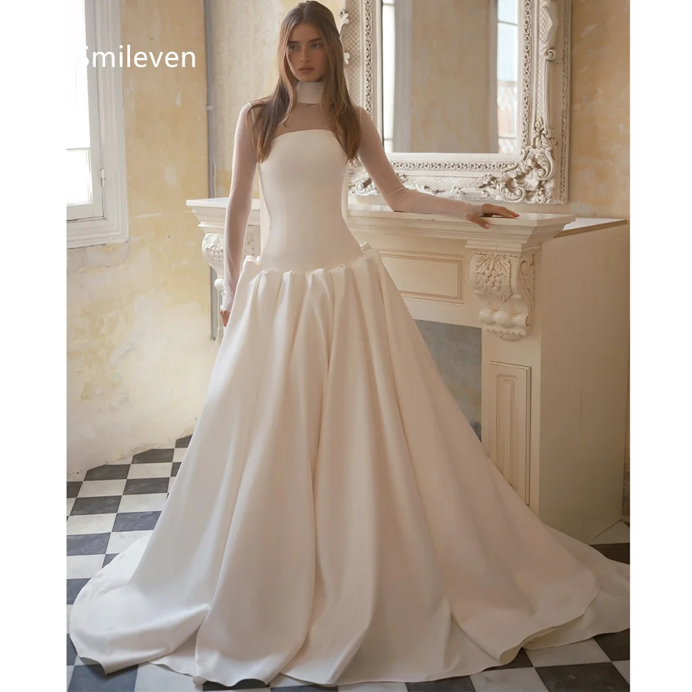 Smileven White Ball Gown Wedding Dresses High Neck Mesh Long Sleeve Bridal Dress Lace‑up Back Cathedral Train Gowns Customized