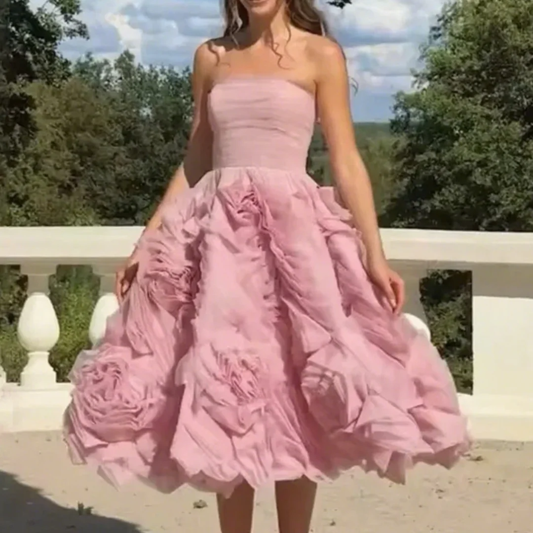 

Applique Prom Dress Strapless Evening Dress 3D Flowers Lace Up Back Party Dress for Women Customized