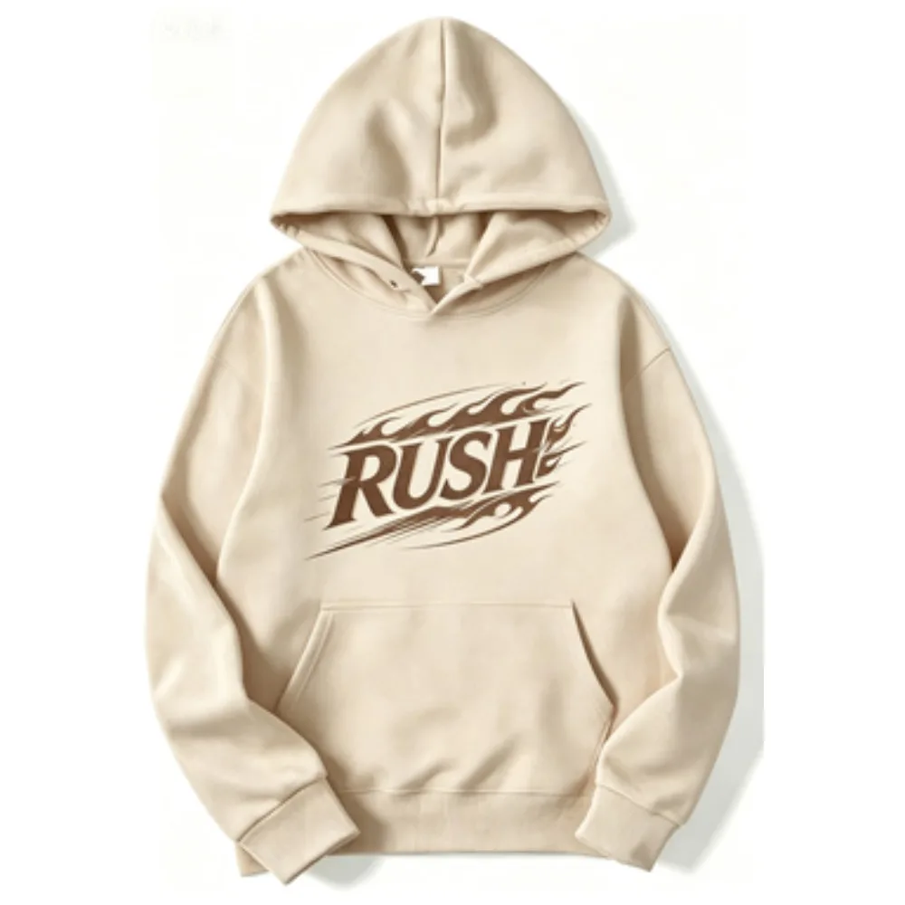 Fall/Winter Men's RUSH Flame Letter Graphic Front Hoodie Streetwear Casual Loose Fitted Hoodie