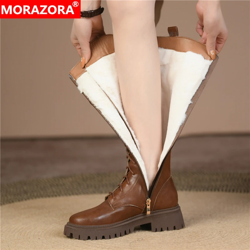 MORAZORA Plus Size 34-43 New Genuine Leather Boots Women Zip Fashion Knee High Boots Thick Fur Winter Warm Motorcycle Boots