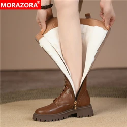 MORAZORA Plus Size 34-43 New Genuine Leather Boots Women Zip Fashion Knee High Boots Thick Fur Winter Warm Motorcycle Boots