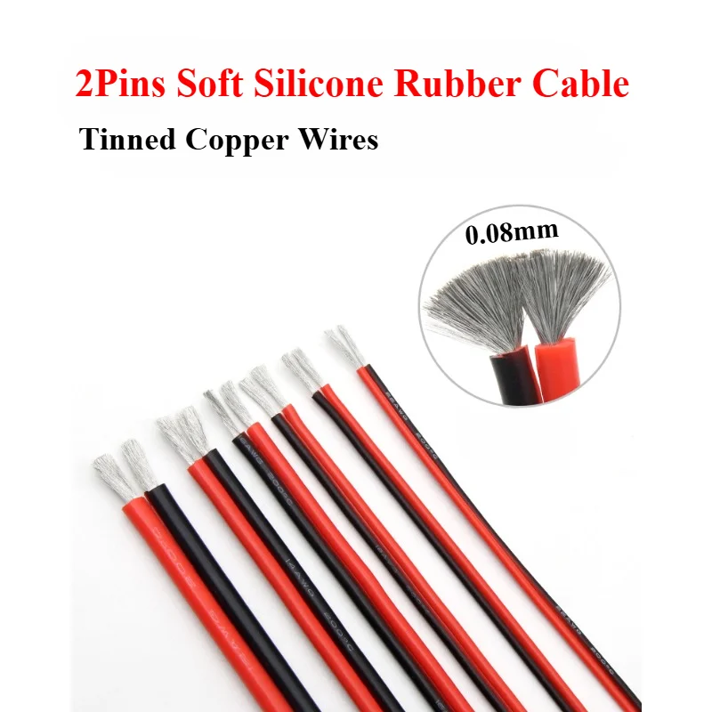 

2Pins Super Soft Silicone Rubber Cable Black Red 30/28/26/24/22/20/18/16/14/12/10/8 AWG Flexible Copper Wire LED Lamp Connector