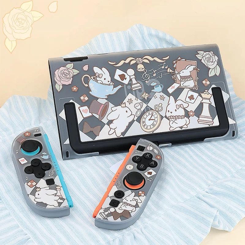 Transparent Hard Shell Protective Case for Nintendo Switch 2 Detachable Dockable Shell Alice Rabbit Design Case for Switch Oled