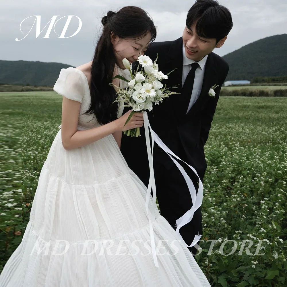 MD Simple White A-line Wedding Dresses For Woman Puff Sleeves Pleat Korea Photo shooting 웨딩드레스 Customized  Garden Bride Gowns