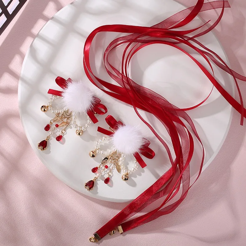 Ensemble de pinces à cheveux authentiques traditionnelles chinoises du Nouvel An avec pompons rouges et rubans, pour petites filles, cadeau festif Hanfu
