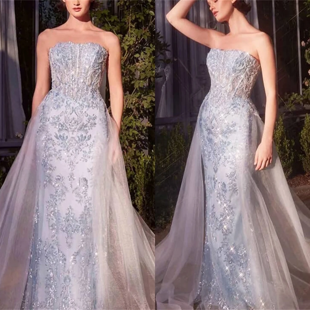 

Customized Exquisite silver Organza Evening Dress Delicate Strapless Sleeveless Homecoming Dress Fashion Lace Up Back Prom Dress