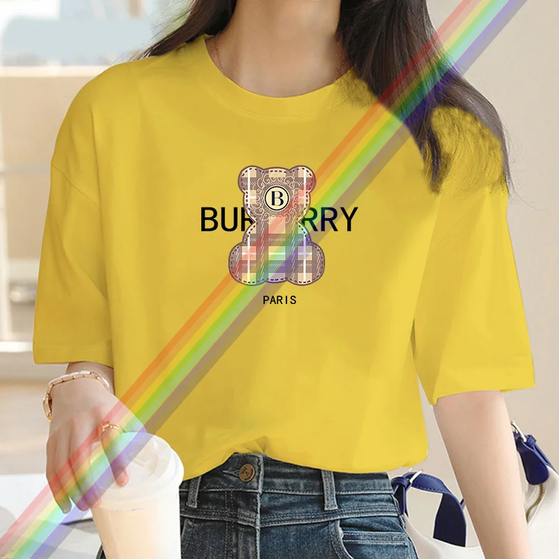T-shirt manches courtes femme, estival et décontracté, en coton, avec dessin d\'ours imprimé, Harajuku, 2024