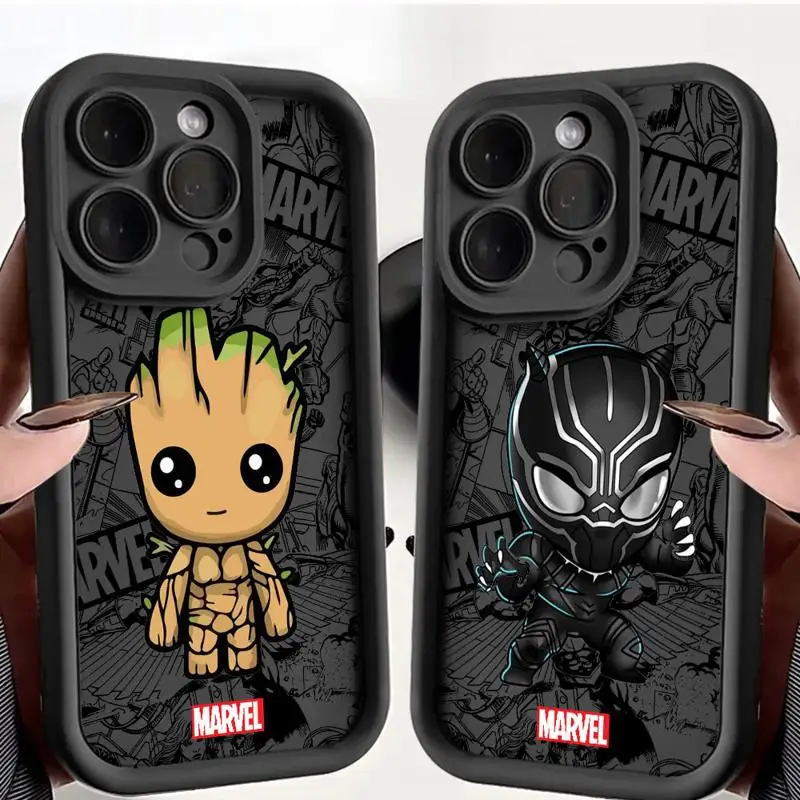 Marvel Groot Black Panther Soft Liquid Silicon Phone Case for iPhone 11 12 13 14 15 Pro Max 16 Plus Shockproof Bumper Back Cover