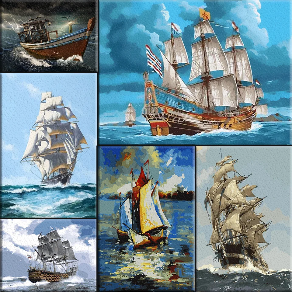 Painting By Numbers Oil Paintings Ship Drawing Set Coloring By Numbers Painting Of Sea Sailboat Scenery Hand Home Decor