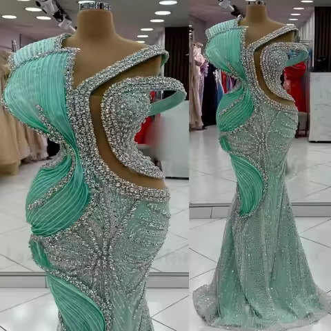 Mint Green Prom Dresses Sparkle Crystals Mermaid Party Dress For Weddings 2026 Long Luxury Celebrity Dress Arabic Evening Gowns