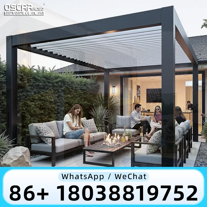 Sturdy Outdoor Aluminum Pergola with Adjustable Roof and Retractable Canopy Modern Creative Innovative Patio Garden Backyard Dec