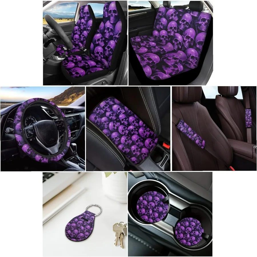 Skull Printed Car Seat Covers 12 Piece Set for Easy Installation with Breathable Steering Wheel Cover and Armrest Pad Cover Ide