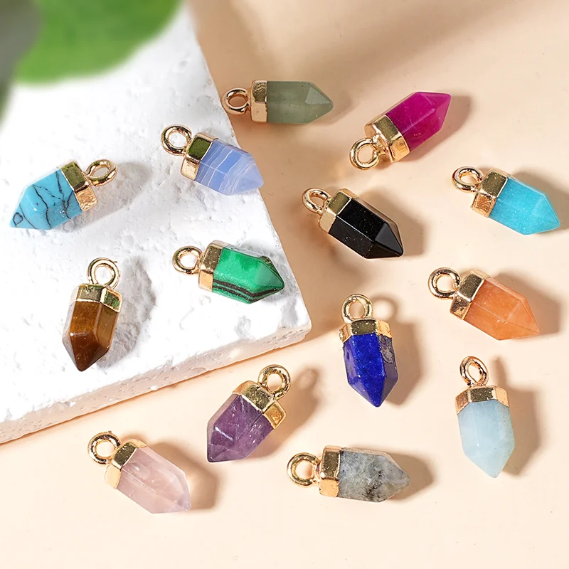 1pc 14x6mm Hexagon Prism Stone Charms Amethyst Obsidian Aventurine Stone Charms for Jewelry Making Diy Drop Earring Necklace