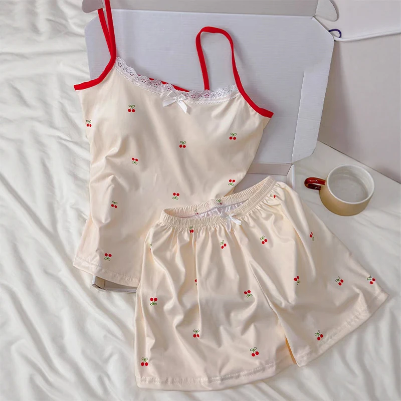 

Pajamas Set Women Cherry Printed Sling Tops And Shorts Sweet Summer Home Clothing With Chest Pad