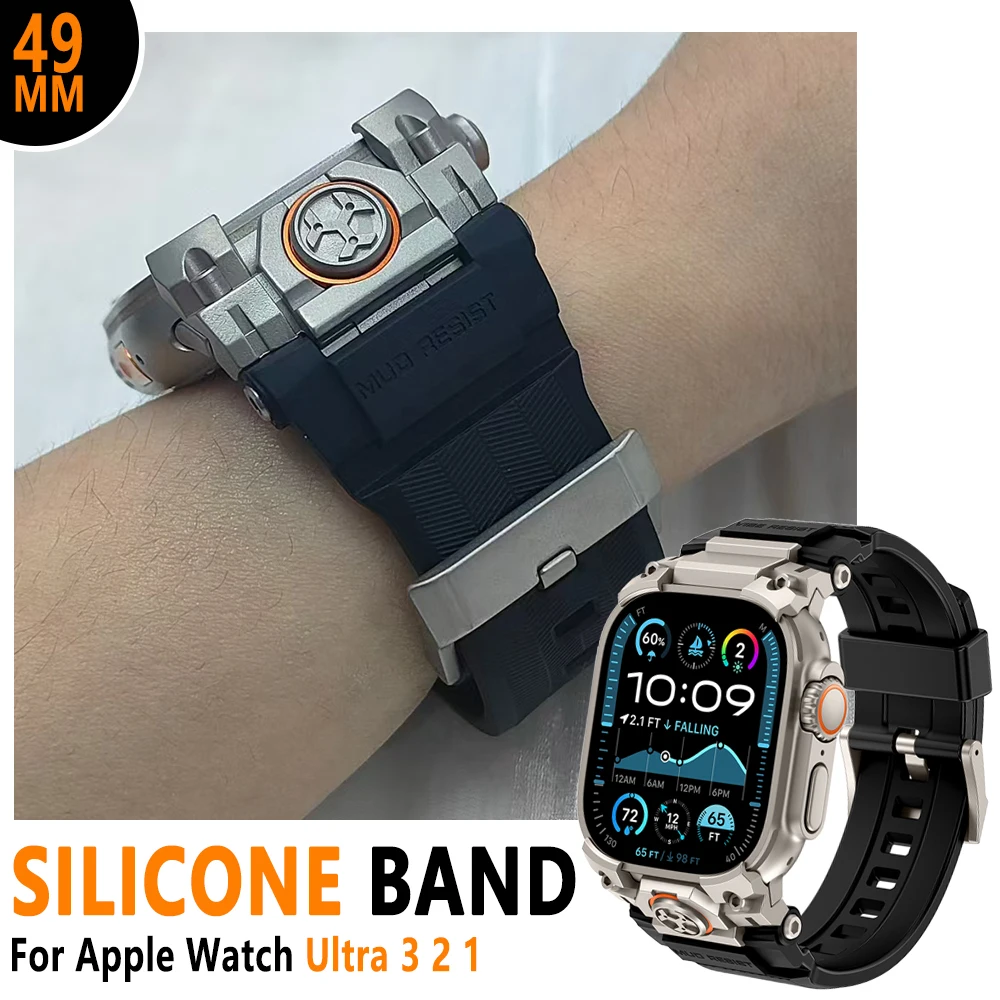 สายนาฬิกาซิลิโคนสแตนเลสสำหรับ Apple Watch Ultra 3 49 มม. สายรัดข้อมือสปอร์ตสุดหรูสำหรับ Iwatch Ultra 2 1 49 มม. สำหรับผู้ชาย สายรัดข้อมือสำหรับกิจกรรมกลางแจ้ง