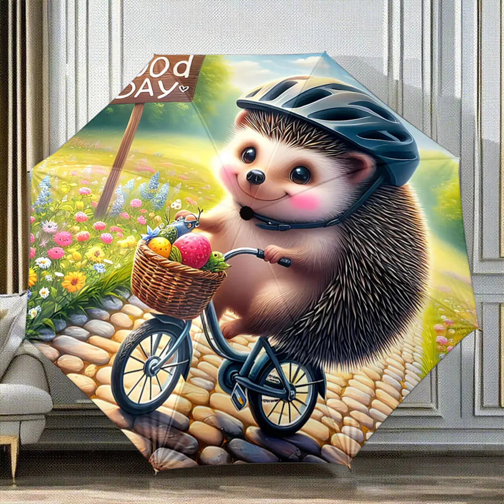 Cute Hedgehog Riding Bike in Flower Garden - 