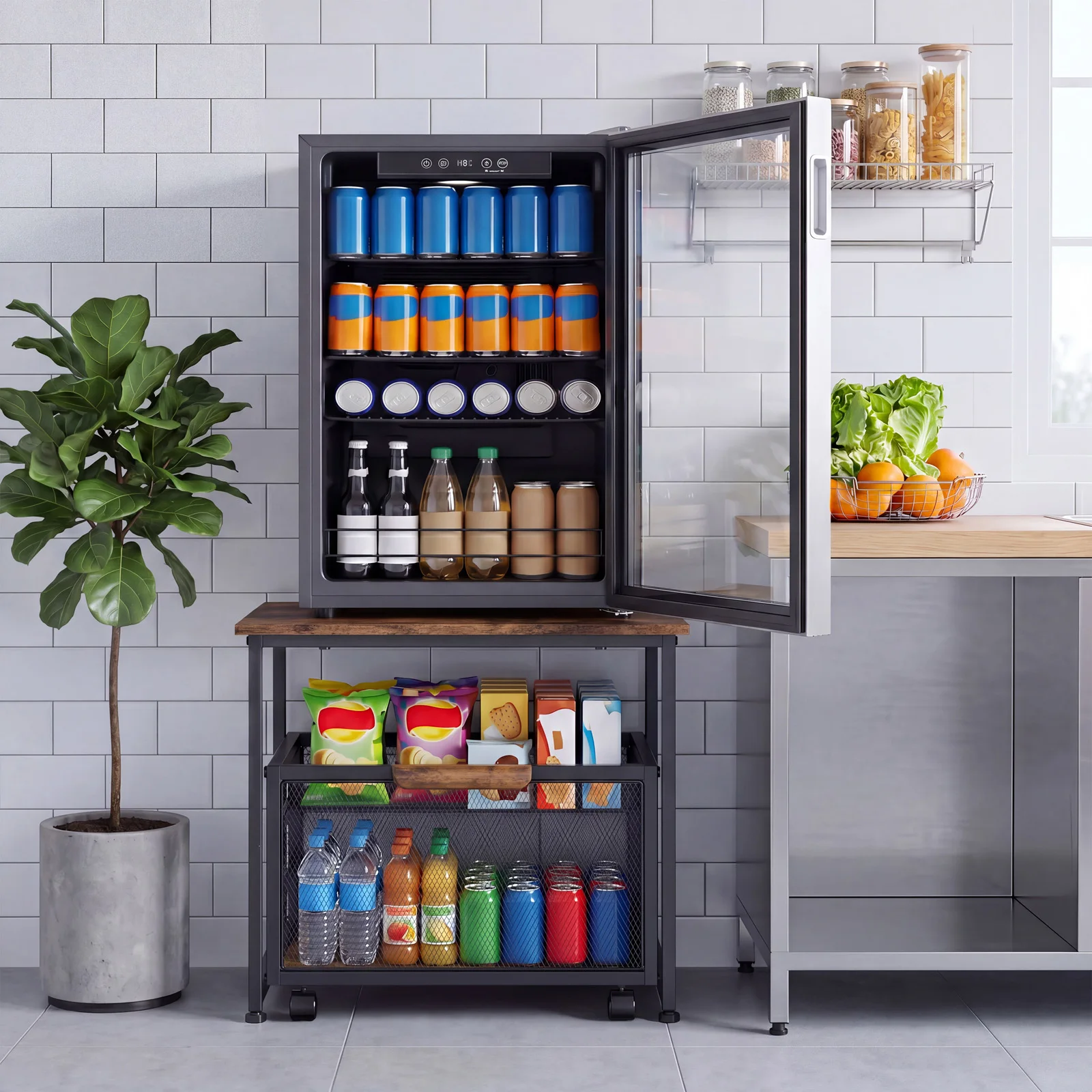 Piccolo mobiletto portafrigorifero con cestello contenitore, tavolino per mini frigorifero con struttura in acciaio e 4 ruote, capacità di 255 libbre, design compatto, organizer multifunzionale per la